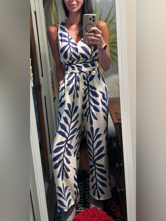Cupshe Pants - CUPSHE Blue Cream Tropical Wide Leg Jumpsuit Romper Small NWT